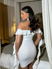 Solid Elegant Ruffles Off Shoulder Bodycon Dress for Party Evening