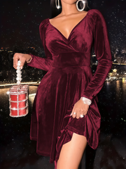 Solid Elegant Party Velvet V-neck A-line Dress