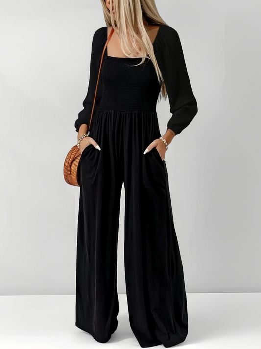 Solid Casual Loose With Pockets High Rise Wide Leg Long Jumpsuits 1200