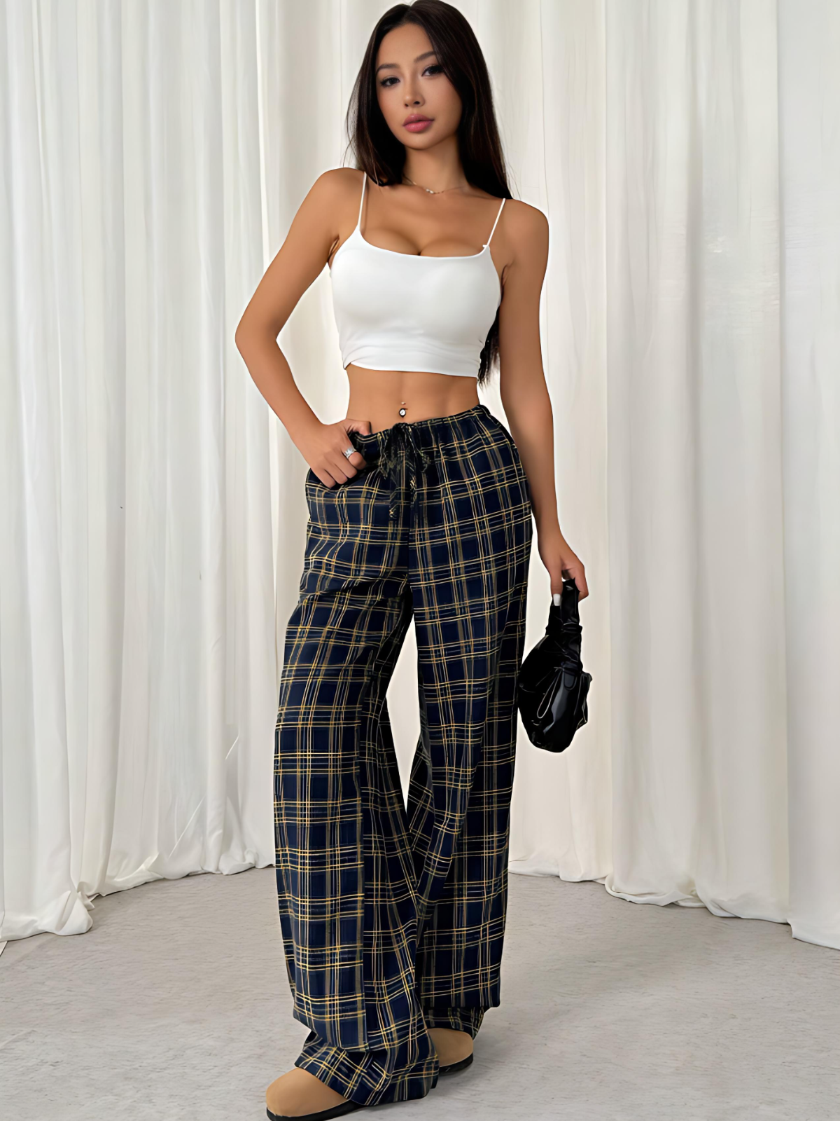 Weekend Relax Preppy Gingham Palazzo Pants