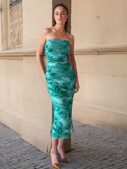 Floral Party Vacation Strapless Ombre Pleated Long Slit Bodycon Dress