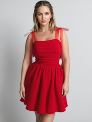 Solid Bow Lace-up Spaghetti Strap Ruffled Romantic Summer A-line Dress