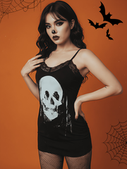 Skeleton Dark Style Halloween Lace Spaghetti Strap Fitted Dress