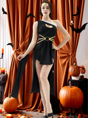 Solid Contrast Halloween Cosplay Cleopatra Binding One Shoulder Cold Shoulder Shift Dress, Accessories not included