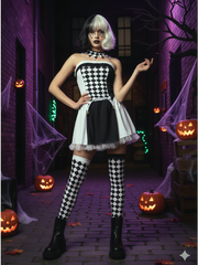 Diamond Check Halloween Cosplay Demon Fairy Tale Strapless Bells Top & Colorblock Shorts, Including choker and thigh-high socks