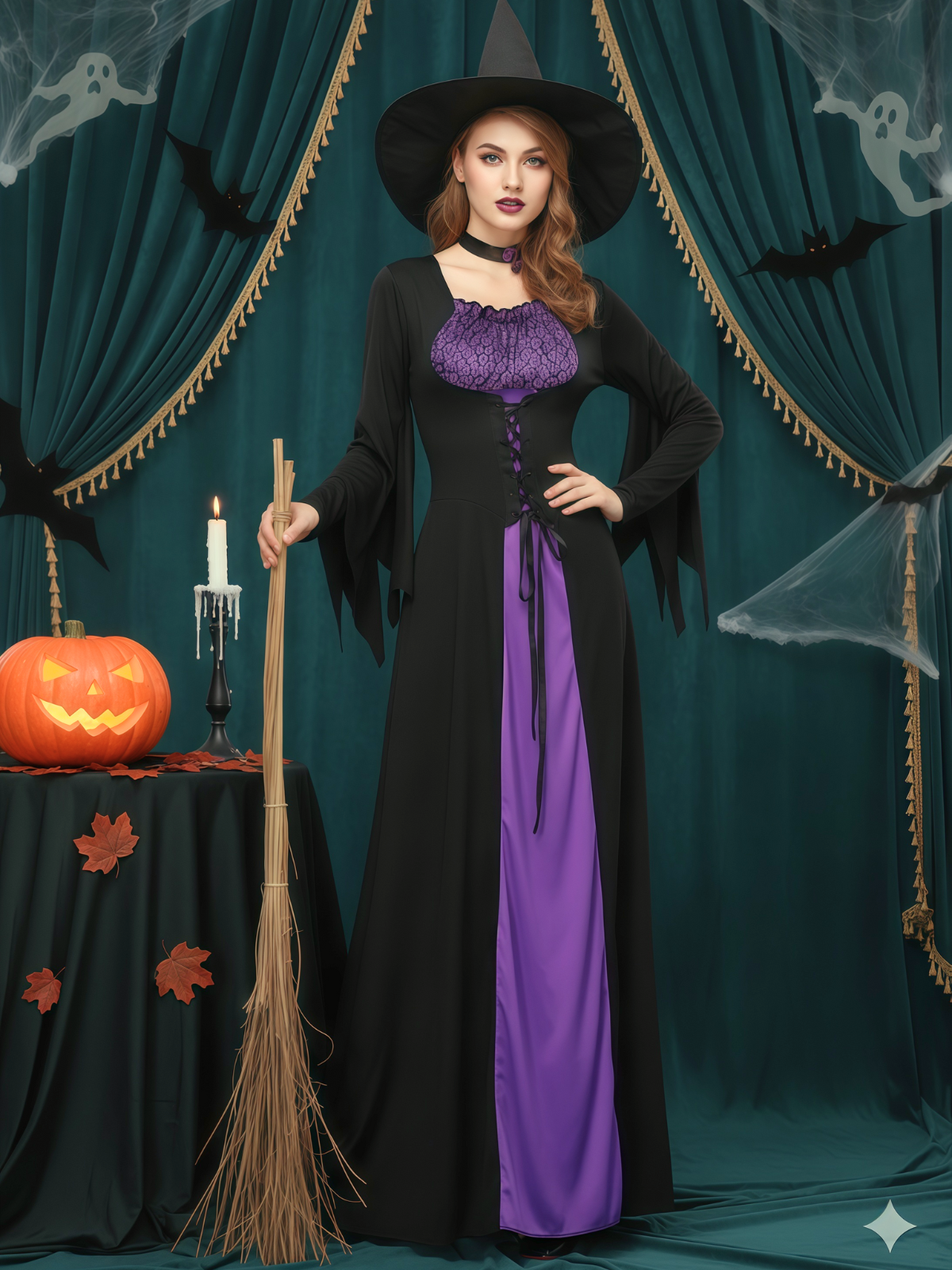 Solid Patchwork Halloween Cosplay Wizard Square Neck Batwing A-line Dress Including Hat, Collar