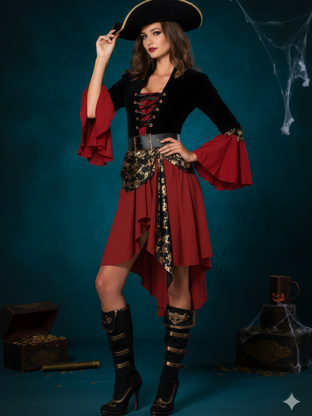 Solid Patchwork Halloween Cosplay Pirate Sexy V-neck Flare Fit And Flare Dress, Hat not included