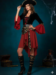 Solid Patchwork Halloween Cosplay Pirate Sexy V-neck Flare Fit And Flare Dress, Hat not included
