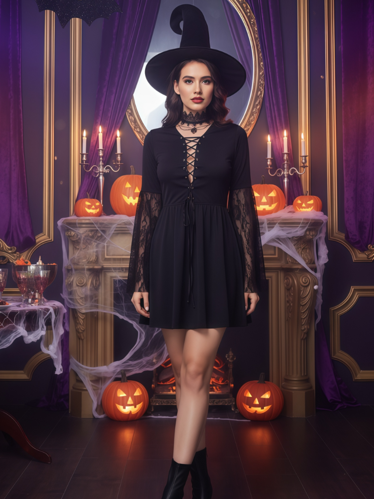 3pcs Solid Halloween Cosplay Wizard Floral Lace V-neck Lace up Flare A-line Dress Accessories Included