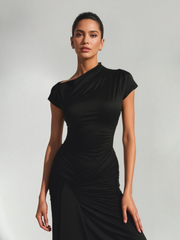 Casual Short Sleeve Boat Neck Ruched High Split Bodycon Long Party Dress