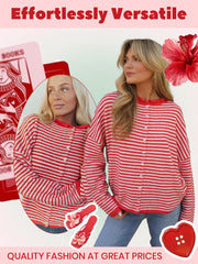 Striped Button Front Open Front Design Round Neck Casual Cardigan Lightweight Fall & Winter Fashion