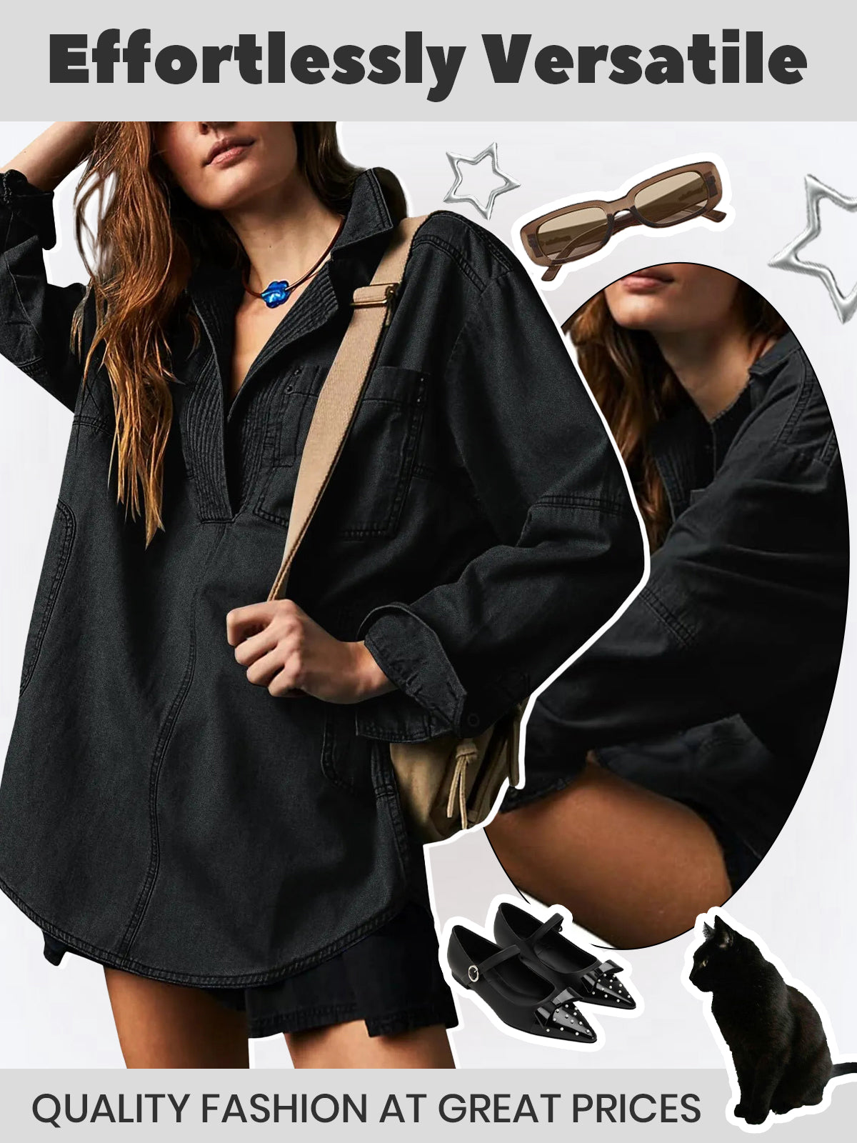 Solid Denim Pullover Casual Notch V Neck Loose Fit Pocket Blouse