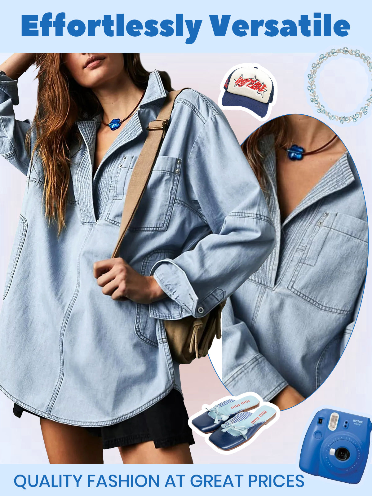 Solid Denim Pullover Casual Notch V Neck Loose Fit Pocket Blouse