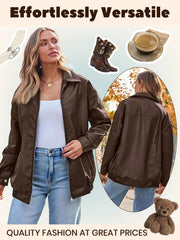 Faux Suede Fall Fashion Solid Pocket Lapel Pu Leather Oversized Coat