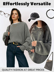Solid Round Neck Drop Shoulder Split Hem Chic Casual Sweater