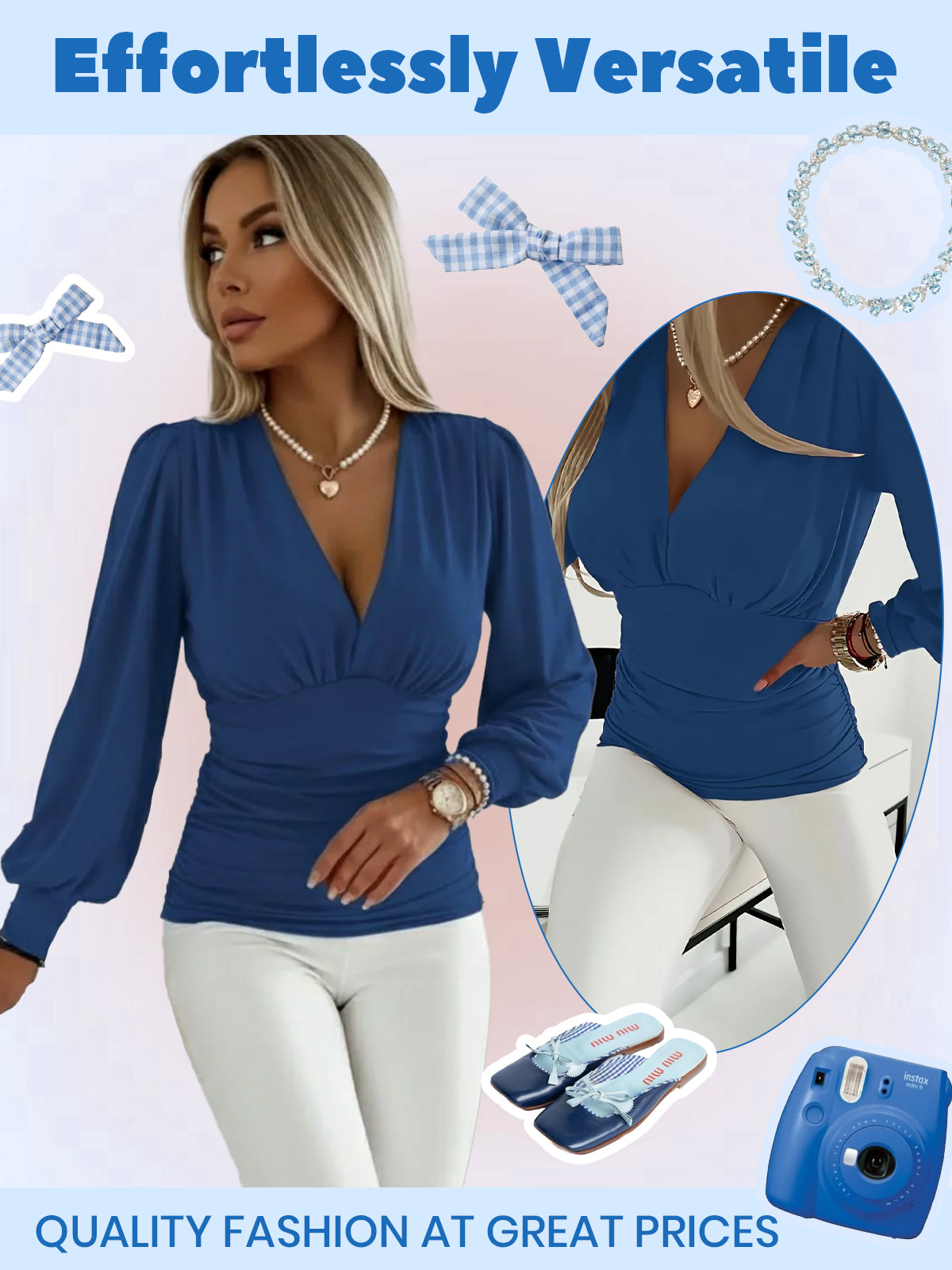 Solid Ruched V-neck Lantern Blouse for Daily Wear