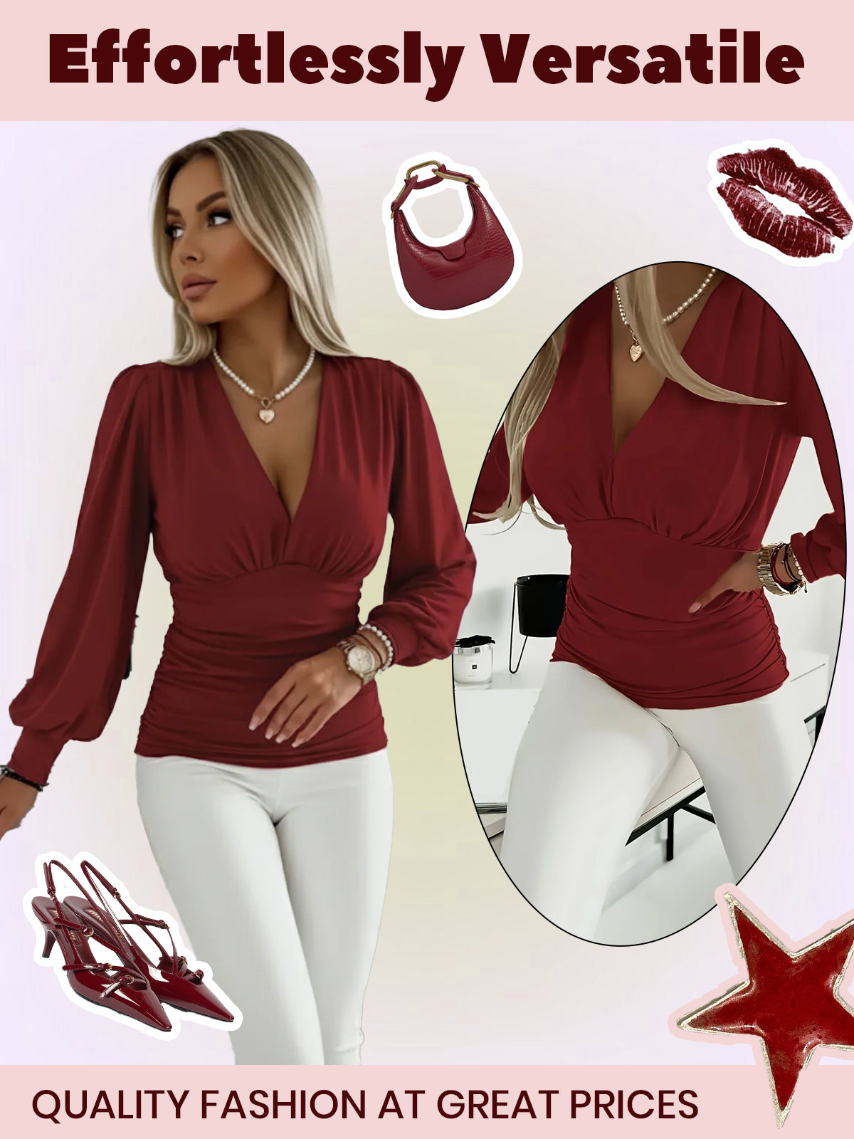 Solid Ruched V-neck Lantern Blouse for Daily Wear