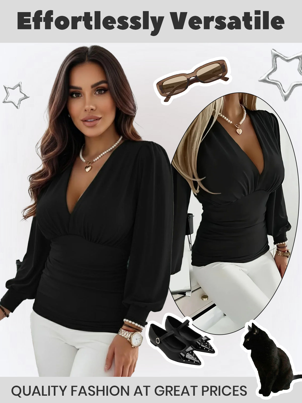 Solid Ruched V-neck Lantern Blouse for Daily Wear