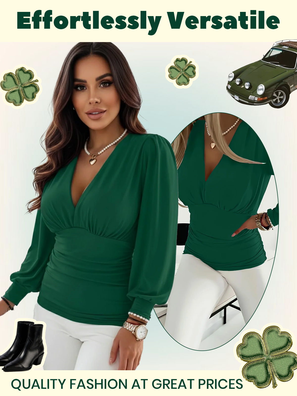 Solid Ruched V-neck Lantern Blouse for Daily Wear