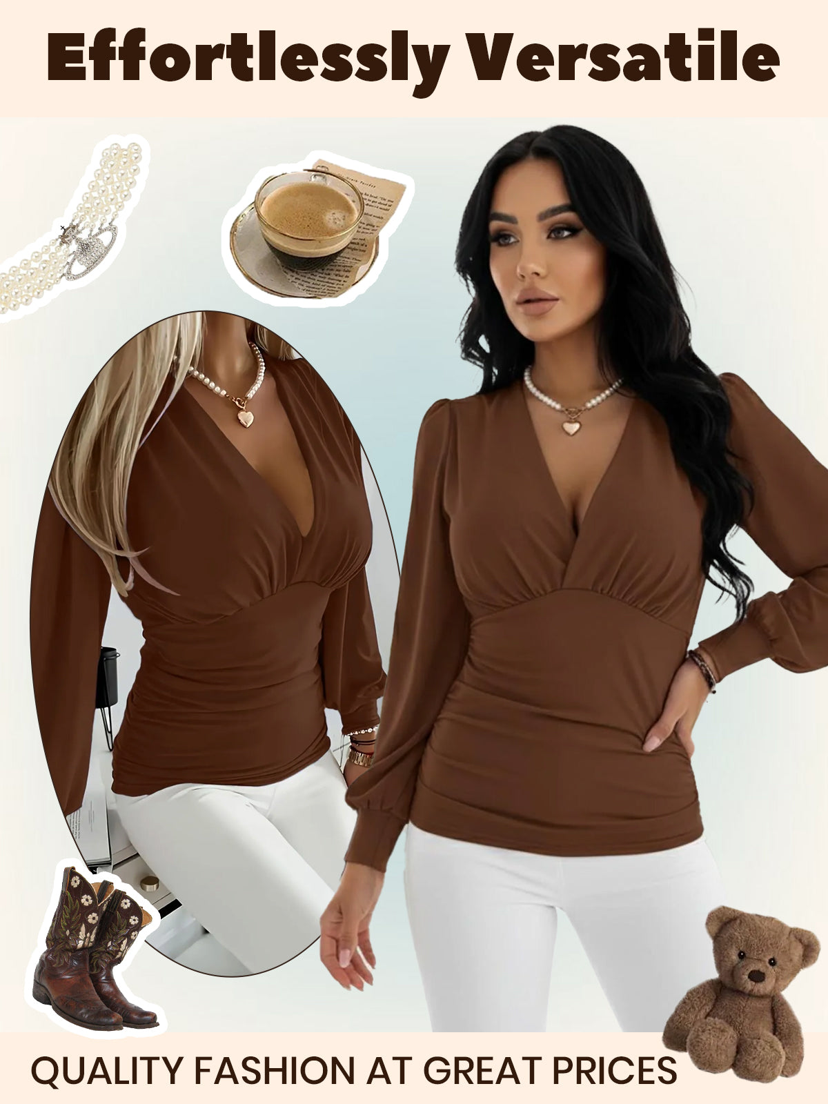 Solid Ruched V-neck Lantern Blouse for Daily Wear