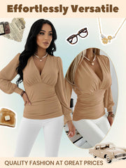 Solid Ruched V-neck Lantern Blouse for Daily Wear