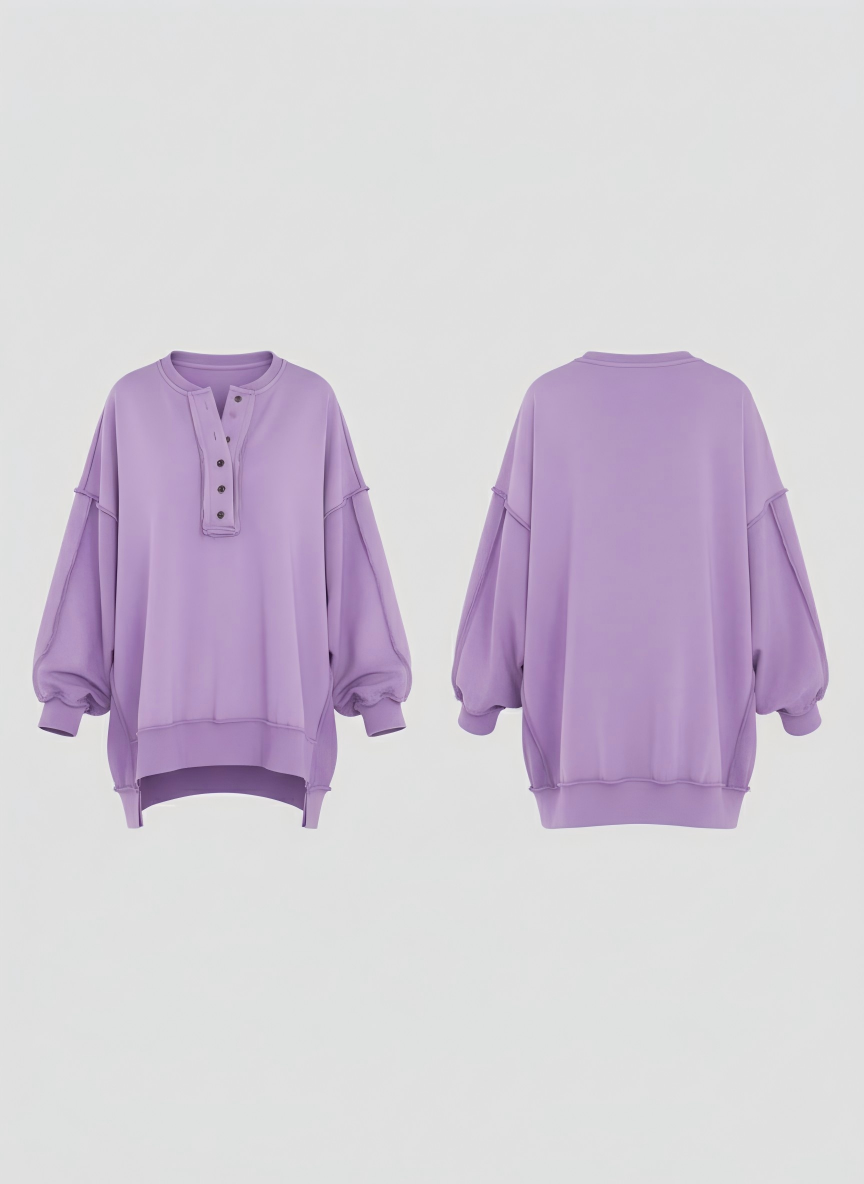 Button Lapel Henley Collar Oversized Pullover Tunic Sweatshirt