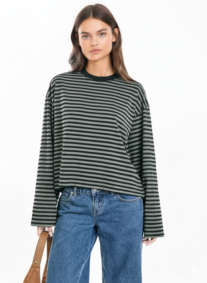 Thin Horizontal Stripes Lapel Casual Drop Shoulder T-shirt Streetwear