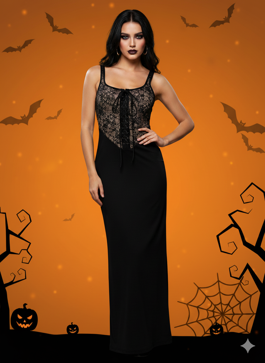Solid Halloween Dark Style Personalized Skull Vintage Lace Spaghetti Strap Fitted Dress