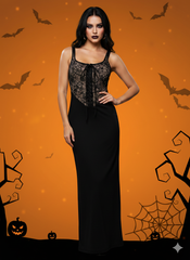 Solid Halloween Dark Style Personalized Skull Vintage Lace Spaghetti Strap Fitted Dress