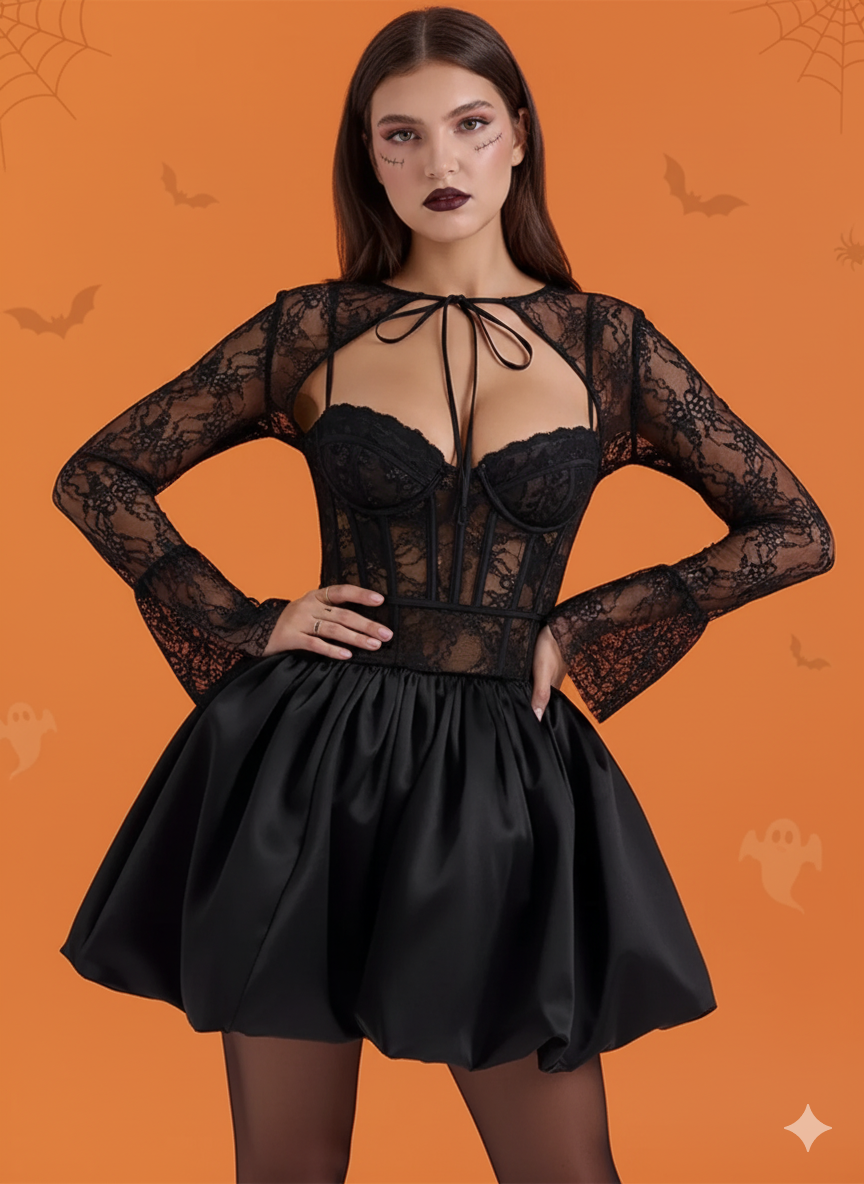 Solid Dark Style Halloween Slim Sexy Lace Spaghetti Strap A-line Dress