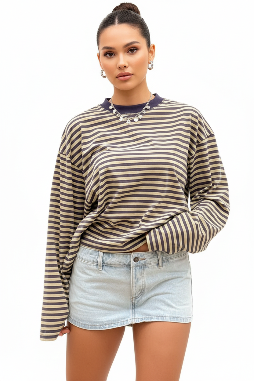 Thin Horizontal Stripes Lapel Casual Drop Shoulder T-shirt Streetwear