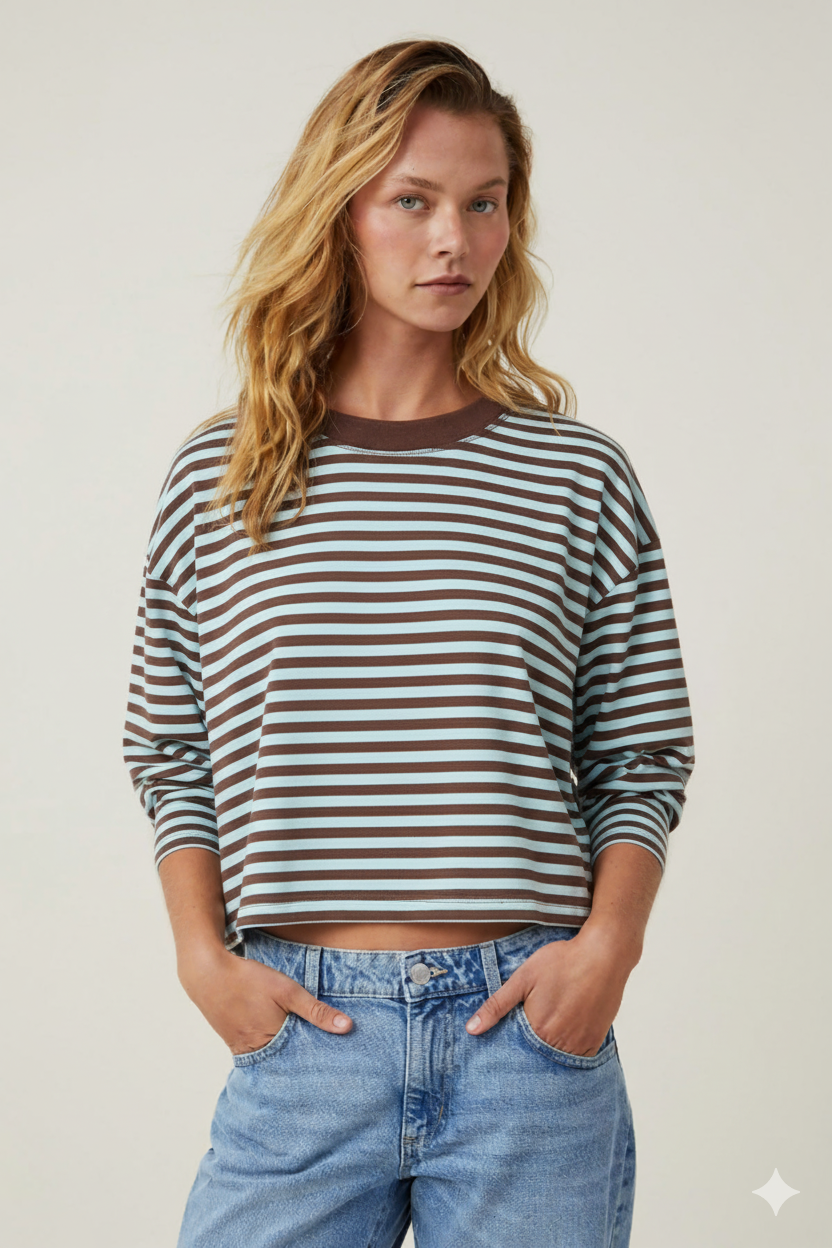 Thin Horizontal Stripes Lapel Casual Drop Shoulder T-shirt Streetwear