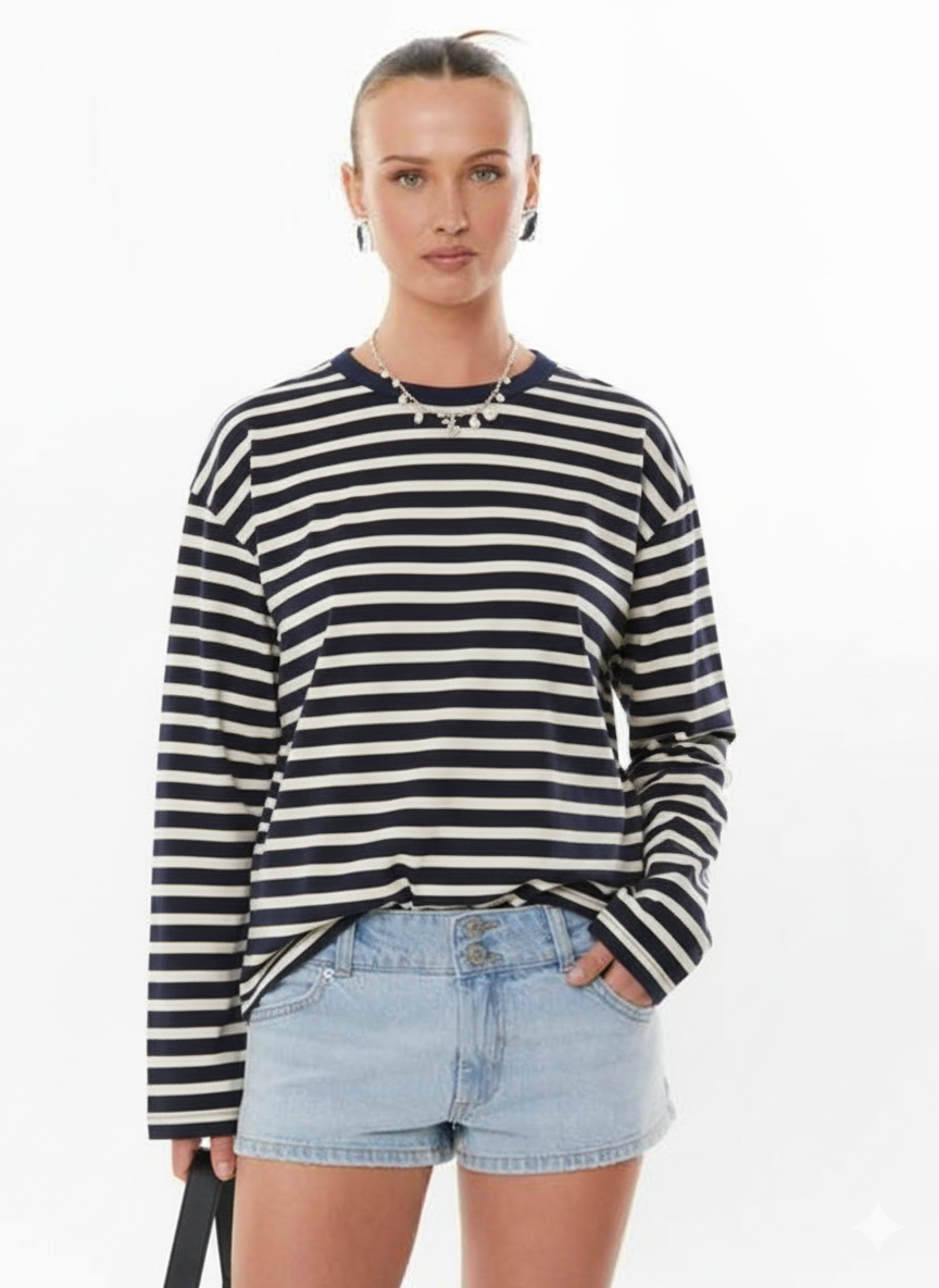 Thin Horizontal Stripes Lapel Casual Drop Shoulder T-shirt Streetwear