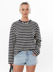 Thin Horizontal Stripes Lapel Casual Drop Shoulder T-shirt Streetwear