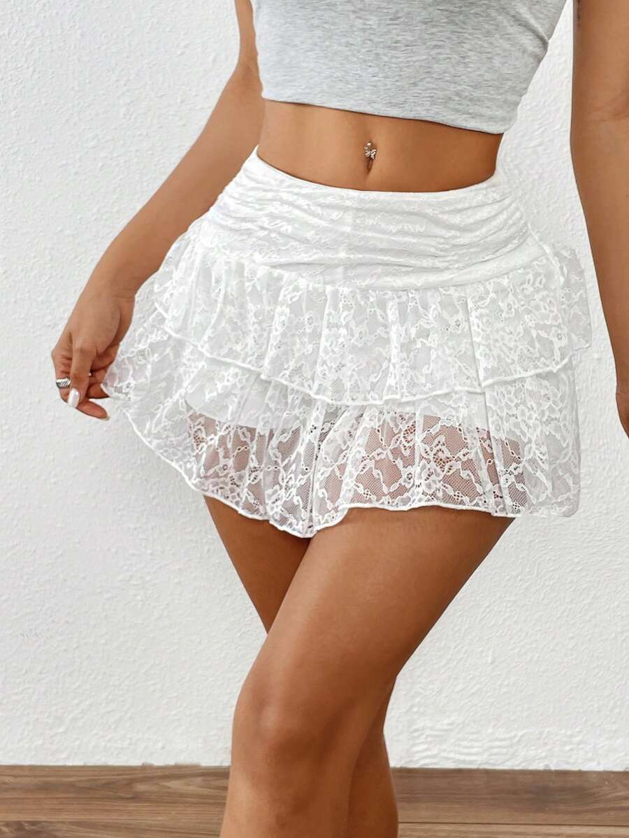 Casual Sexy 2 in 1 Double-Layered Lace White Comfy High Rise Mini A-Line Skirt