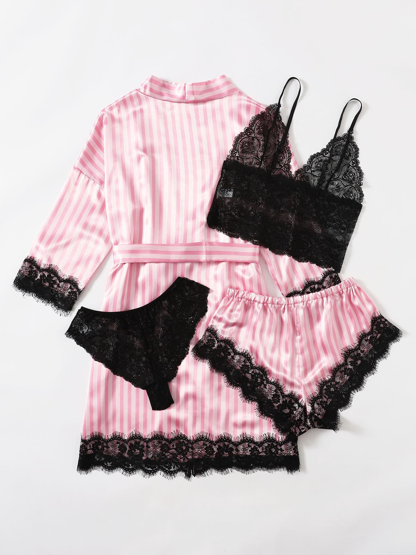 Stripes Regular Sleeve Lace Cardigan & Lace Shorts Set