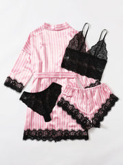 Stripes Regular Sleeve Lace Cardigan & Lace Shorts Set