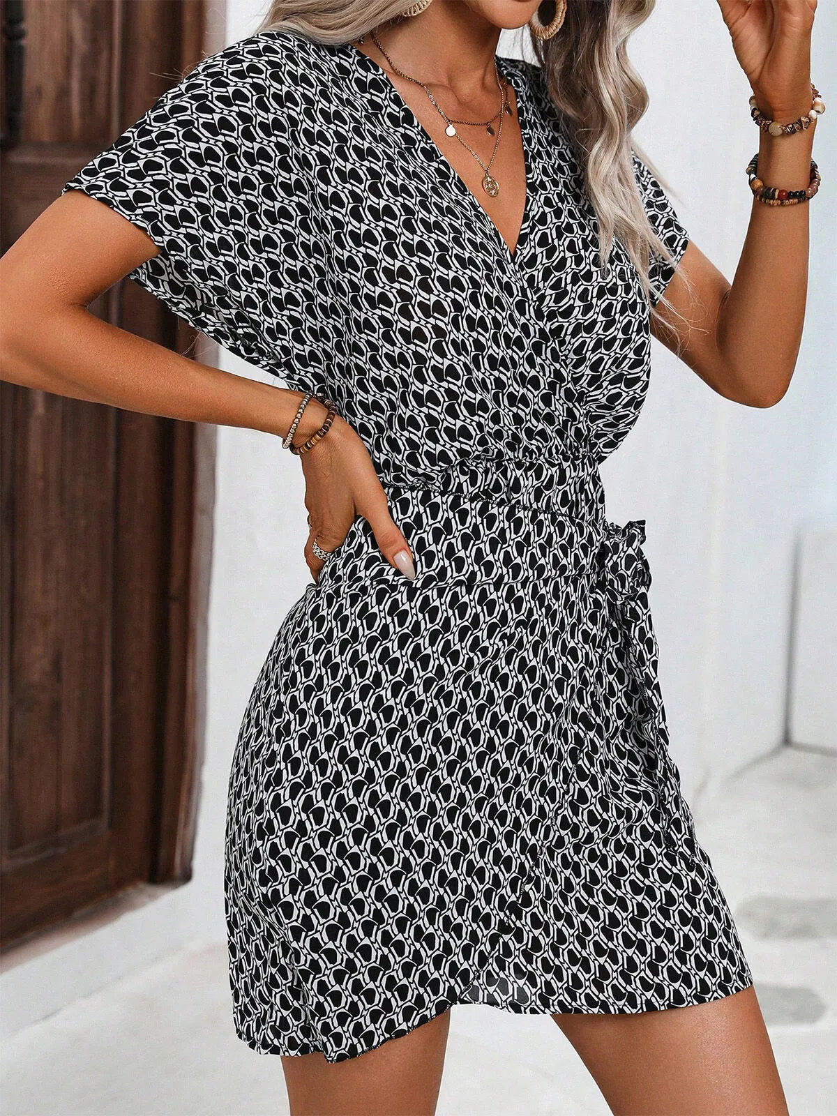 All Over Print Lace-up V-neck Cap Wrap Dress