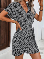 All Over Print Lace-up V-neck Cap Wrap Dress
