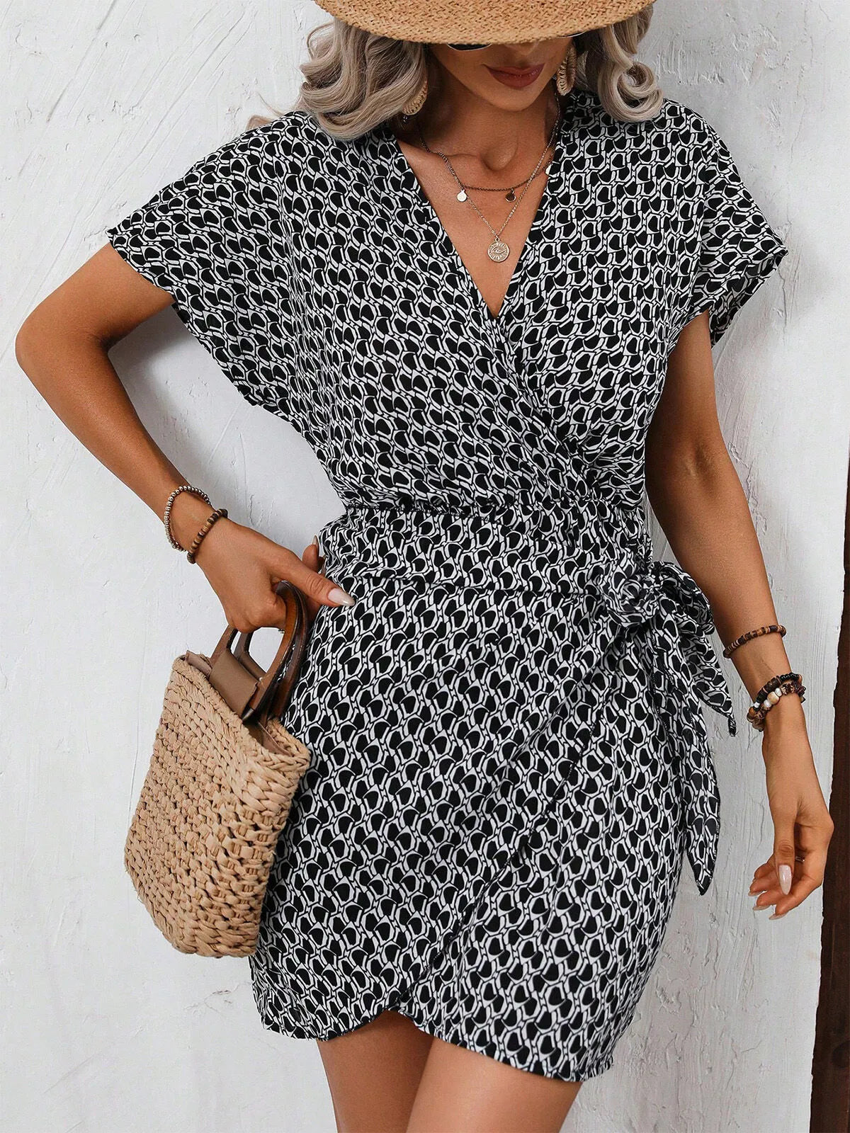 All Over Print Lace-up V-neck Cap Wrap Dress