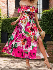 Floral All Over Print Off Shoulder Flounce Sleeve Ruffles Long Dress