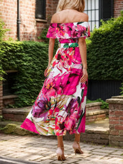 Floral All Over Print Off Shoulder Flounce Sleeve Ruffles Long Dress
