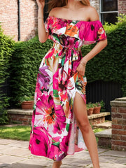 Floral All Over Print Off Shoulder Flounce Sleeve Ruffles Long Dress
