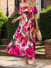 Floral All Over Print Off Shoulder Flounce Sleeve Ruffles Long Dress