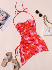 Floral All Over Print Spaghetti Strap Lace up Bodycon Dress
