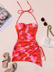 Floral All Over Print Spaghetti Strap Lace up Bodycon Dress