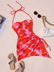 Floral All Over Print Spaghetti Strap Lace up Bodycon Dress
