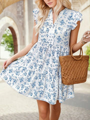 Ditsy Floral V-neck Flounce Sleeve Short Dress
