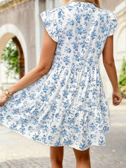 Ditsy Floral V-neck Flounce Sleeve Short Dress
