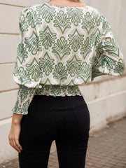 All Over Print Wrinkle Round Neck Long Sleeve Blouse